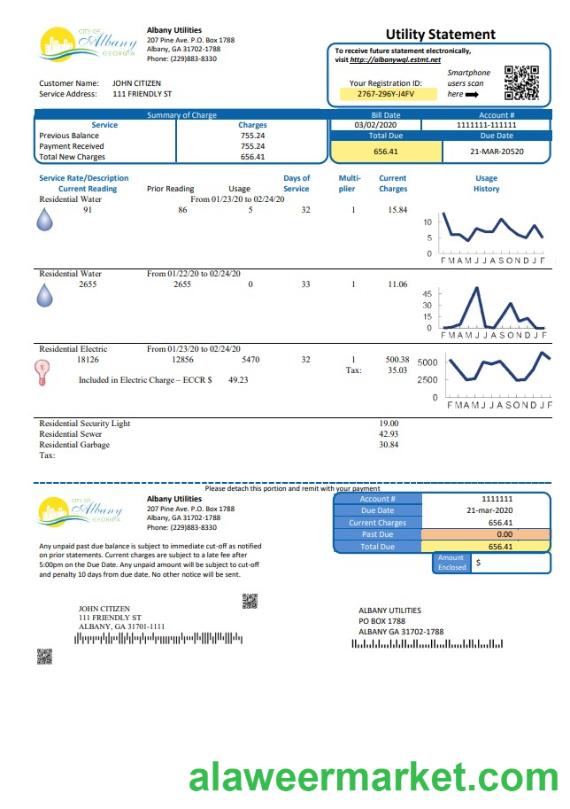 USA Georgia City of Albany water and electricity utility bill template in Word and PDF format